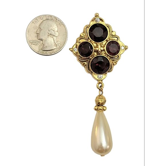 1928 Brand Red Glass Rhinestone Cross Pattern Faux Pearl Dangle Brooch, M854 - Picture 7 of 10